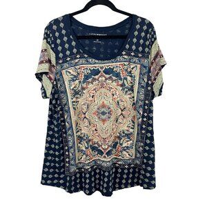 Lucky Brand Navy Blue Mandala Print Short Sleeve Scoop Neck Tee - Size 2X